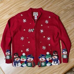 Heirloom Collectibles Women's Red Snowman Christmas‎ Zip Up Sweater Size Small